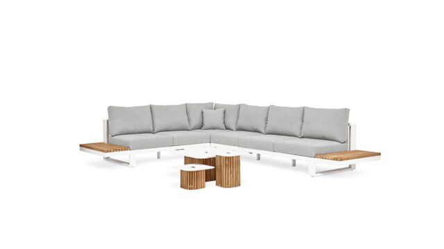 Savona Corner Lounge 4-teilig Alu Weiß + Teak Natur und Fontelina Soft Grey gemischte Kissen wasserabweisend