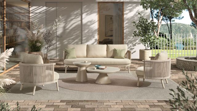 Alu Lounge Set Milaan 1 x 3-Zit + 2 x 1-Zit + S/2 Coffee Tafels Alu Linnen Met Rope Beige + Zit en Rugkussens Sunbrella Beige  