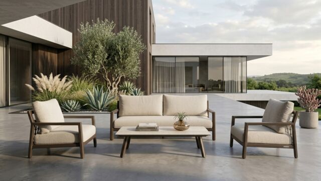 Alu Lounge-Set Oasis Schokoladenbraunes Gestell mit elfenbeinweißen Bouclé-Kissen - Outdoor-Kordel Alu Lounge-Set Oasis Schokoladenbraunes Gestell mit elfenbeinweißen Bouclé-Kissen - Outdoor-Kordel