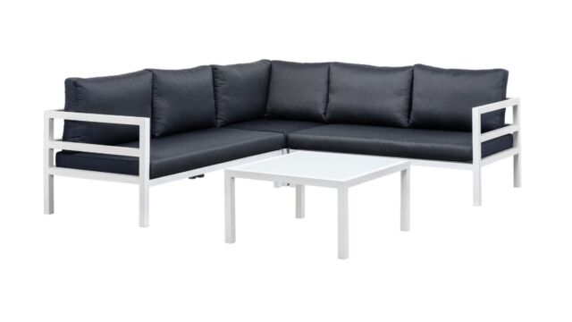 Barolo Eck-Lounge-Set, 4-teilig, Alu mattweiß + Kissen in verwaschenem Grau, wasserabweisend