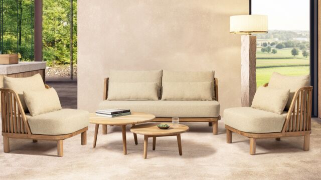 Teak Lounge Spindel Sofagarnitur 1 x 2-Sitzer + 2 x Club + Set/2 Couchtische