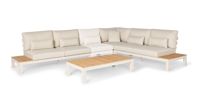 Wiener Eck-Lounge-Set, 4-teilig, mit Teak-Oberseite, Alu-Kamel-Sandmatte + Kissen aus natürlichem Mischgewebe, wasserabweisend