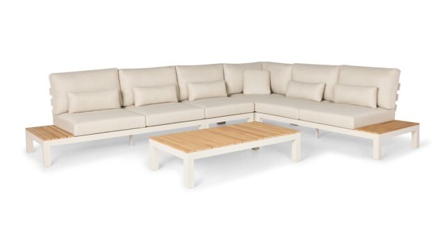 Wiener Eck-Lounge-Set, 5-teilig, mit Teak-Oberseite, Alu-Kamel-Sandmatte + Kissen aus natürlichem Mischgewebe, wasserabweisend