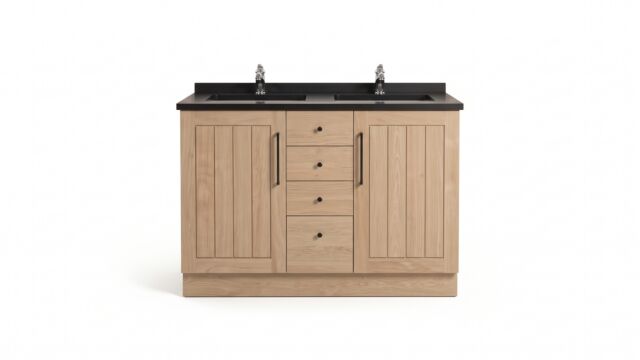 Teak Bathroom Furniture New Cannes 125cm With Matte Black Granite and Black Handles