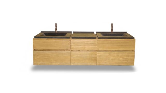 Teak Badkamermeubel Essence 210cm + 2 Volledige Granieten Waskommen Links en Rechts