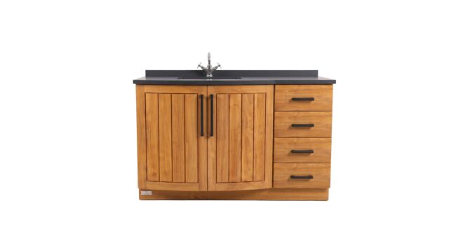 Teakholz-Badezimmermöbel New Monaco 135 cm mit mattschwarzem Granit und schwarzen Griffen