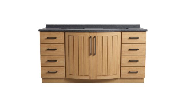 Teakholz-Badezimmermöbel New Monaco 175 cm mit mattschwarzem Granit und schwarzen Griffen