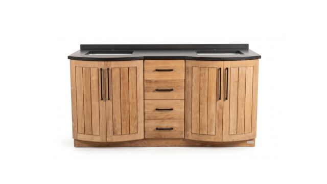 Meuble-lavabo en teck New Monaco 185 cm + 2 vasques carr&eacute;es encastr&eacute;es + granit mat