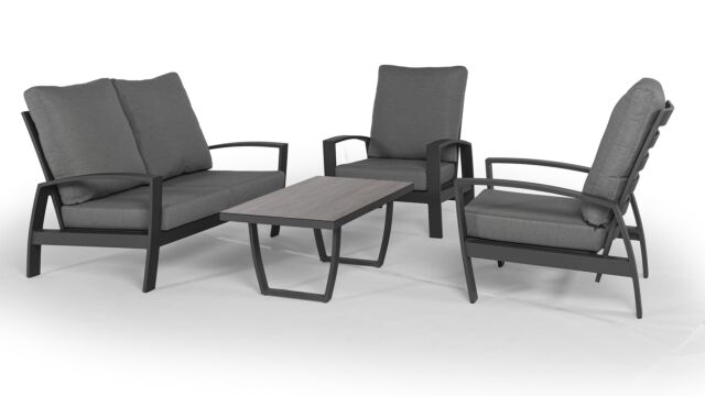 Alu Lounge Valencia Sofa-Set 2-Sitzer + 2xRelax Anthrazit Gestell mit Schweizer Stoffkissen + Couchtisch Trespa Forest Grey
