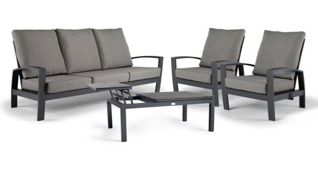 Alu Lounge Valencia Sofa-Set 3-Sitzer + 2 Relax-Anthrazit-Gestell mit Schweizer Stoffkissen + hochklappbarer Couchtisch Trespa Forest Grey