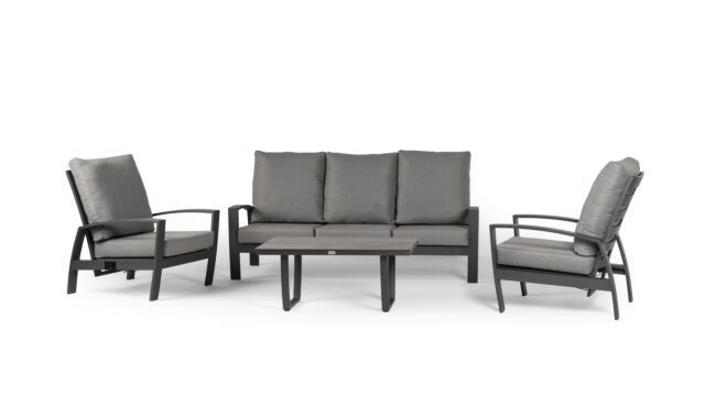 Alu Lounge Valencia Sofa-Set 3-Sitzer + 2xRelax Anthrazit Gestell mit Schweizer Stoffkissen + Couchtisch Trespa Forest Grey
