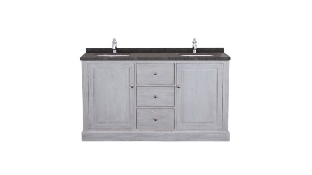 Badkamermeubel Retro Grey 125cm Met Laden + 2 Onderbouw Ovale Waskommen + Blauwe Hardsteen