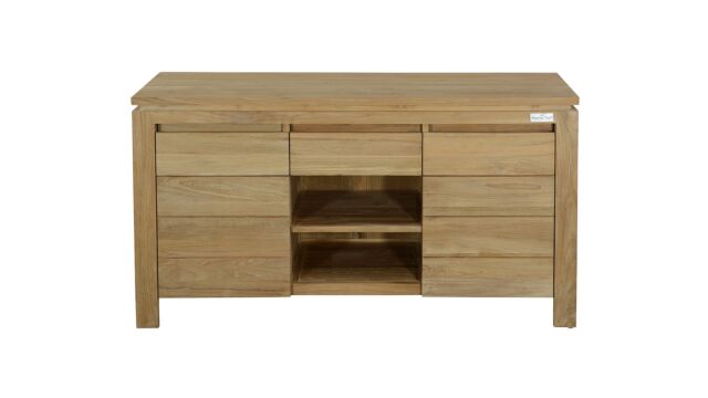Teak Badkamermeubel New Toulouse 140cm Greeploos 2 Draaideuren + 3 Laden Met Vol Teakhouten Blad