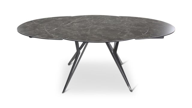Interieurtafel Boleta Uitschuifbaar Top Keramiek Kleur Stone Dia.130cm x 200cm x 130cm Met Zwart Metalen Spiderpoot