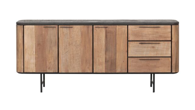 Soho Dressoir 200cm 3 Draaideuren + 3 Laden Recup Teak Op Zwart Metalen Onderstel 