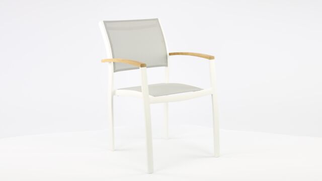 Alu Stapelstoel Namur White Mat - Light Grey Textilene + Teak Arm Rest