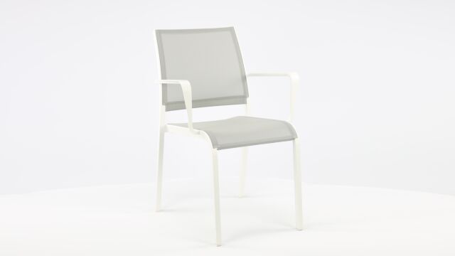 Chaise empilable alu joli blanc mat + textilène gris clair + accoudoir