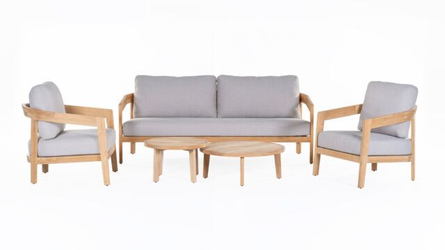 Teak-Lounge-Set Laval 2x1-Sitzer + 1x2-Sitzer + Set/2 Couchtische - Kissen sonnenbeständig hellgrau