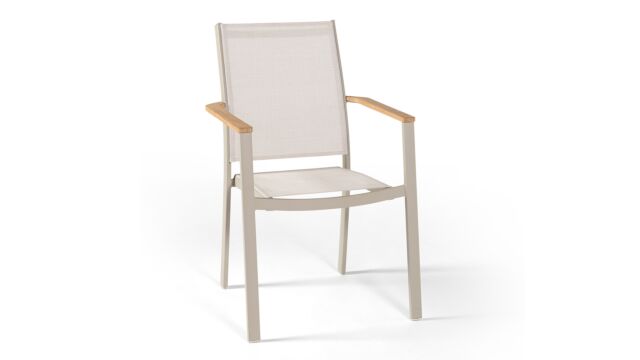 Alu Stacking Chair Brisbane Linen Matte With Textilene Sand + Teak Armrest