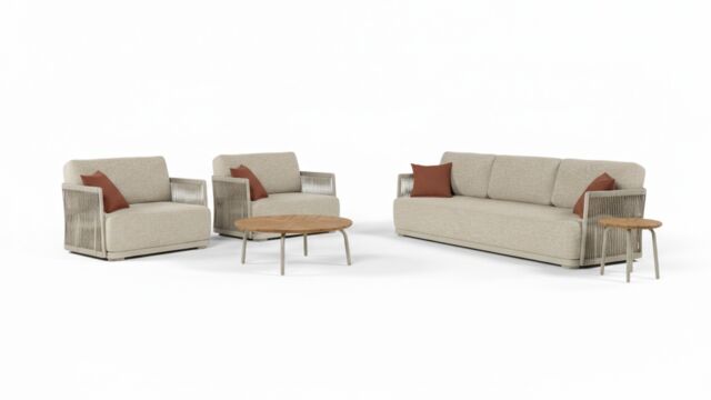 Alu Sofa Lounge Melbourne Met Rope Linnen + Zit en Rugkussens Light Taupe QDF + 4 Kussens Bordeaux Alu Sofa Lounge Melbourne Met Rope Linnen + Zit en Rugkussens Light Taupe QDF + 4 Kussens Bordeaux