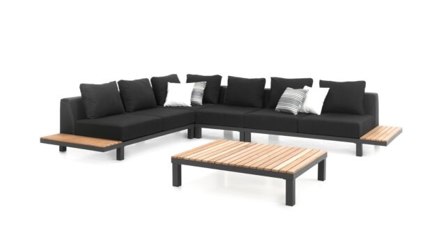 Ensemble Lounge Hollywood Alu/Teck 1x 2 places L&D + Coin + Table Basse Charcoal Mat Alu - Coussins Oléfine Gris