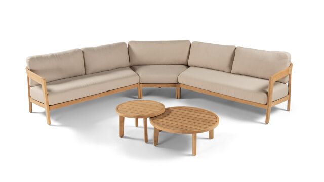 Salon de jardin en teck Laval, canap&eacute; d'angle XL avec coussins, couleur sable &eacute;cru QDF