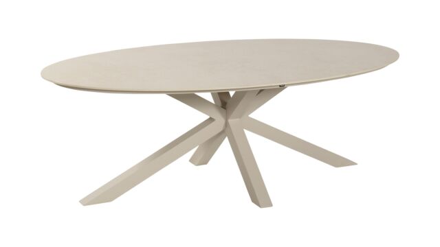 Table de jardin ovale Xander, structure en aluminium et plateau en céramique couleur sable, 220 cm x 120 cm Table de jardin ovale Xander, structure en aluminium et plateau en céramique couleur sable, 220 cm x 120 cm