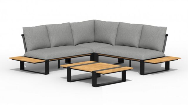 Alu Lounge Seto Ecklounge – Gestell aus Holzkohle + Tischplatte aus Teakholz mit Kissen aus anthrazitfarbenem Olefin – Tierra Outdoor