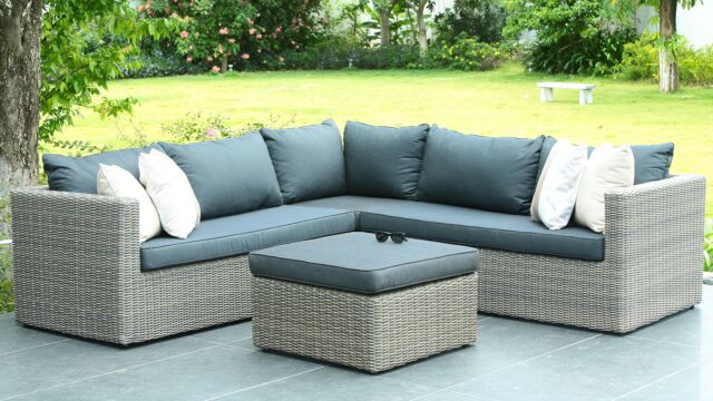 Rotterdam-Wicker-Lounge-Eckset, helles Kobo-Grau, 7 mm Korbgeflecht PE – Serval-Anthrazit-Kissen – Alu-Rahmen, Luxus-Lounge