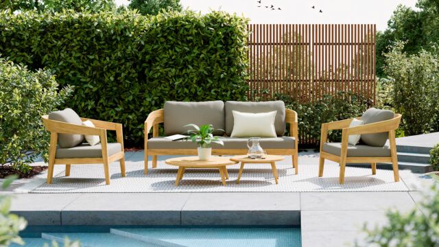 Singapore Lounge Set 4-teilig Akazie Hell Teak - Kissen Serval Hellbraun Olefin 370 - Luxus Lounge