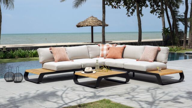 Perla Corner Lounge Alurahmen Schwarz + Teak Natur - Kissen Serval Hellbraun Olefin 370