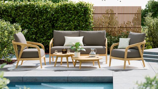 Florence Lounge Set + Couchtisch S/2 Holz Akazie Hell Teak - Kissen Serval Antracite Olefin 370 - Luxus Lounge