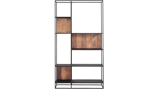 Cosmo TV-Wandelement-Bücherregal, groß, 120 cm x 40 cm x 220 cm hoch, aus Teakholz mit schwarzem Metallrahmen