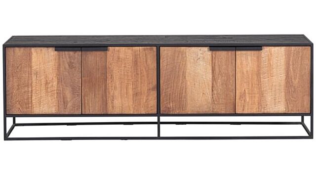 Cosmo TV Wandelement TV-meubel Met 4 Deuren 180cm x 40cm x H56cm Recup Teak Hout Met Zwart Metalen Frame 