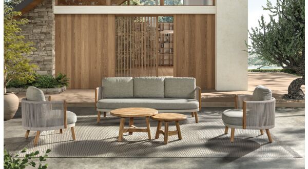 Alu-Teak Lounge Set Milan 1 x 3-Seater + 2 x 1-Seater Linen With Rope Beige + Seat and Back Cushions Beige