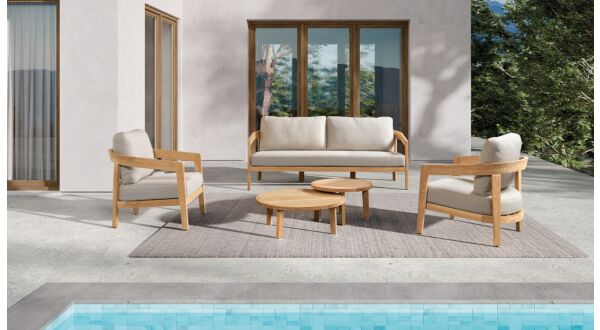 Teak-Lounge-Set Laval 2x1-Sitzer + 1x2-Sitzer + Set/2 Couchtische - Kissen sonnenbeständig hellgrau