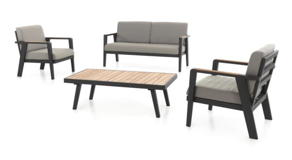 Ensemble Lounge Guadeloupe Alu/Teck 1x 2 Places + 2 x 1 Place + Table Basse Charbon Mat Alu - Coussins Jute