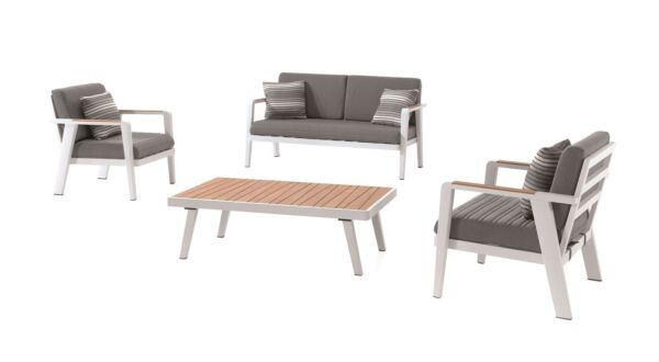 Ensemble Lounge Guadeloupe Alu/Teck 1x 2 places + 2 x 1 place + Table basse - Alu blanc - Coussins en jute