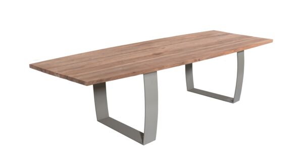 Table de jardin en teck Fanny 300 cm x 115 cm avec pieds en métal et tapis en lin - Recup Teck