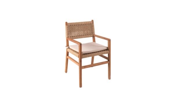 Teak Armchair Menorca Design Chair Light Brushed + Rope and Cushion Color Ecru