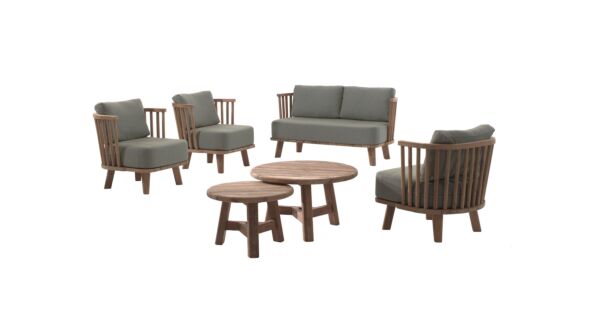 Teak-Lounge-Set Casablanca 1x2-Sitzer + 2x1-Sitzer + S/2 Couchtische Recup Teak mit Sitz- und Rückenkissen Sunbrella Heritage Papyrus – Quickdry