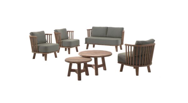 Ensemble de salon en teck Casablanca 1x2 places + 2x1 place + S/2 tables basses Recup Teck avec coussins d'assise et de dossier Sunbrella Heritage Leaf - Quickdry