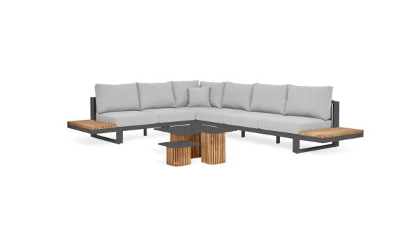 Savona Corner Lounge 4-Piece Alu Matt Royal Gray + Teak Natural and Fontelina Soft Gray Mixed Cushions Water Repellent