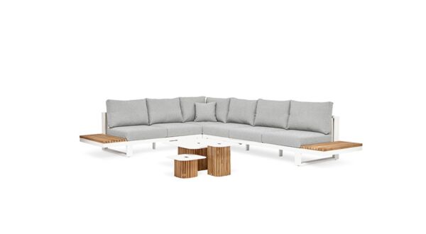Savona Corner Lounge 4-Piece Alu White + Teak Natural and Fontelina Soft Gray Mixed Cushions Water Repellent