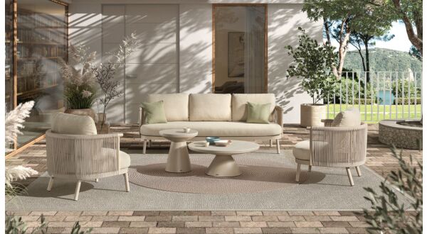 Alu Lounge Set Milan 1 x 3-Seater + 2x 1-Seater + S/2 Coffee Tables Alu Linen With Rope Beige + Seat and Back Cushions Sunbrella Beige