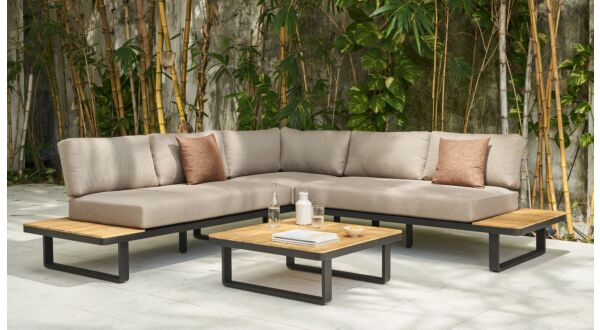 Napels Corner Lounge 3-piece - Alu Frame Black + Acacia Top Teak Look - Cushions Light Brown Olefin 240