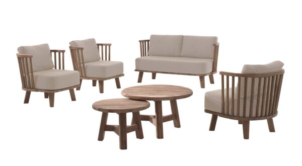 Teak-Lounge-Set Casablanca 1x2-Sitzer + 2x1-Sitzer + S/2 Couchtische Recup Teak mit Sitz- und Rückenkissen Sunbrella Heritage Papyrus – Quickdry