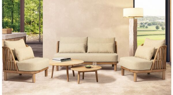 Teak Lounge Spindel Sofagarnitur 1 x 2-Sitzer + 2 x Club + Set/2 Couchtische