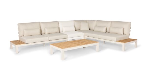 Vienna Corner Lounge Set 4-piece With Teak Top Alu Camel Sand Matt + Natural Mixed Weave Cushions Water Repellent