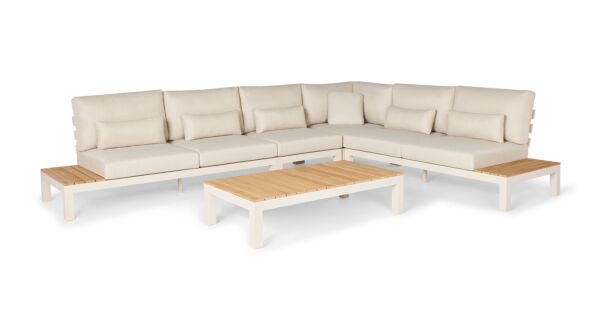 Vienna Corner Lounge Set 5-piece With Teak Top Alu Camel Sand Matt + Natural Mixed Weave Cushions Water Repellent